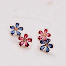 Модные милые голубые серьги-гвоздики с пятью цветками из красного кубического циркония, маленькие серьги-гвоздики с цветком, женские Украшения для маленьких девочек