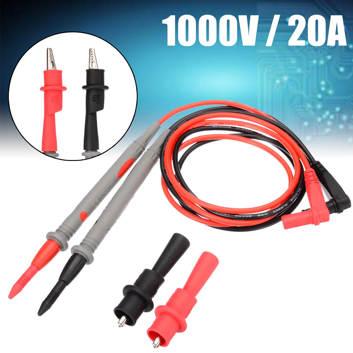 Durable 20A 1000V Test Lead Kit Gilded Sharp Needle Probe Multimeter Test Lead With Alligator Clip for Digital Multimeter Tester