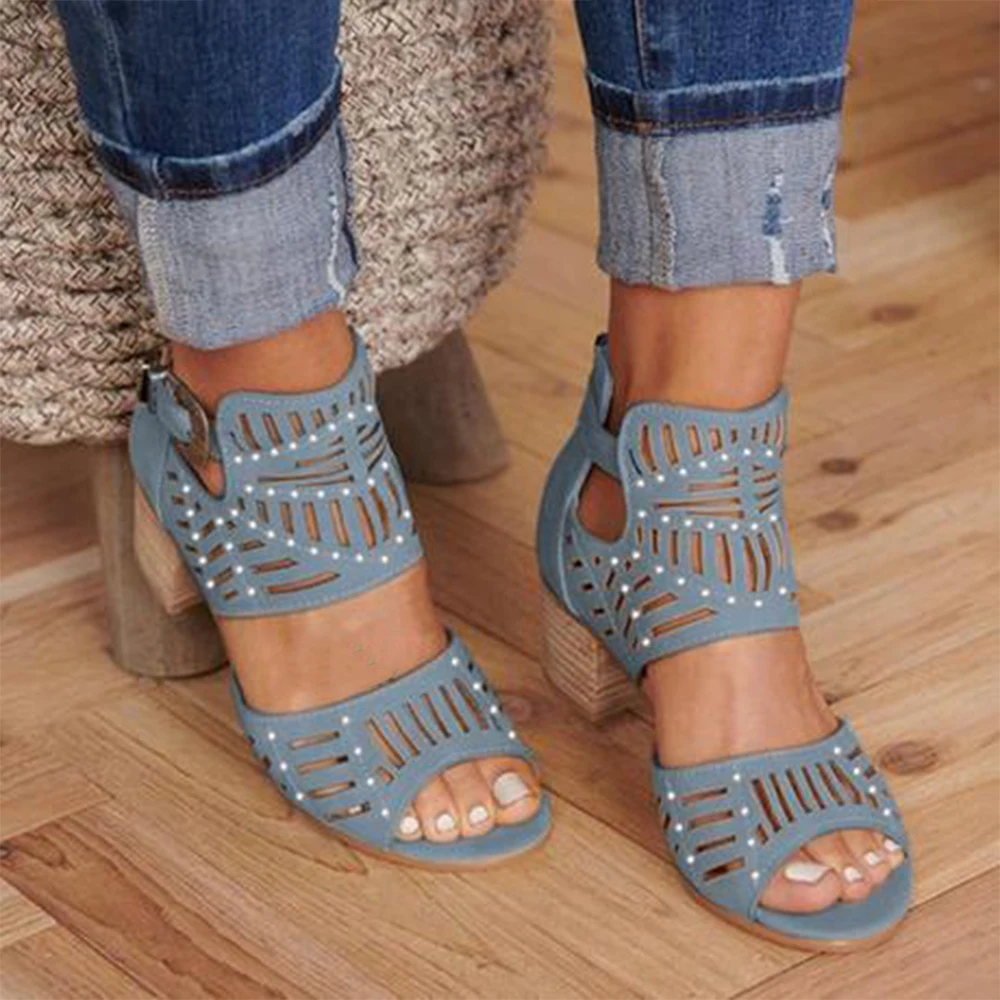 

High Heels Shoes 2019 Women Vintage Hollow Out Peep Toe Square Heel Wedges Sandals Zapatos Mujer Women Sandals Fashion