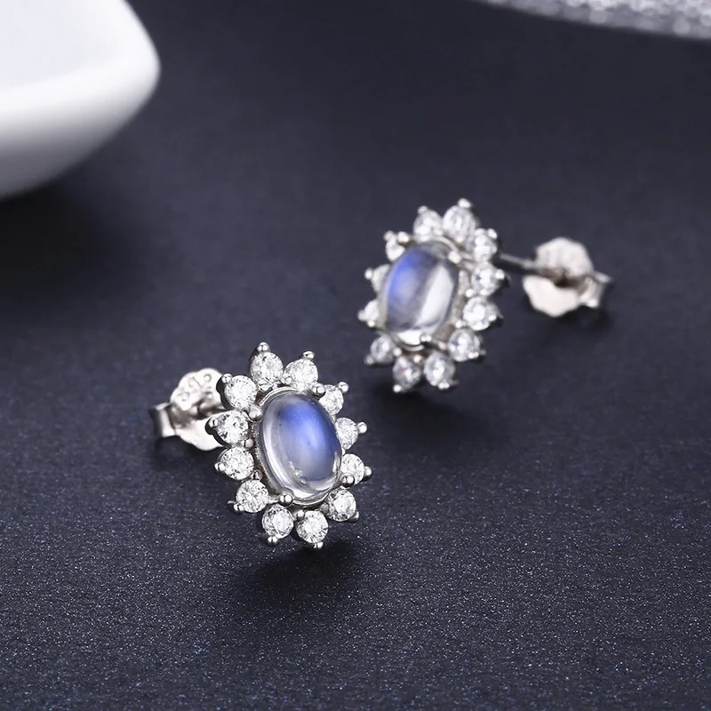 

Cute 925 Sterling Silver Oval Natural Moonstones & CZ Accent Stud Earrings For Women Girls Kid Jewelry Orecchini Aros Aretes