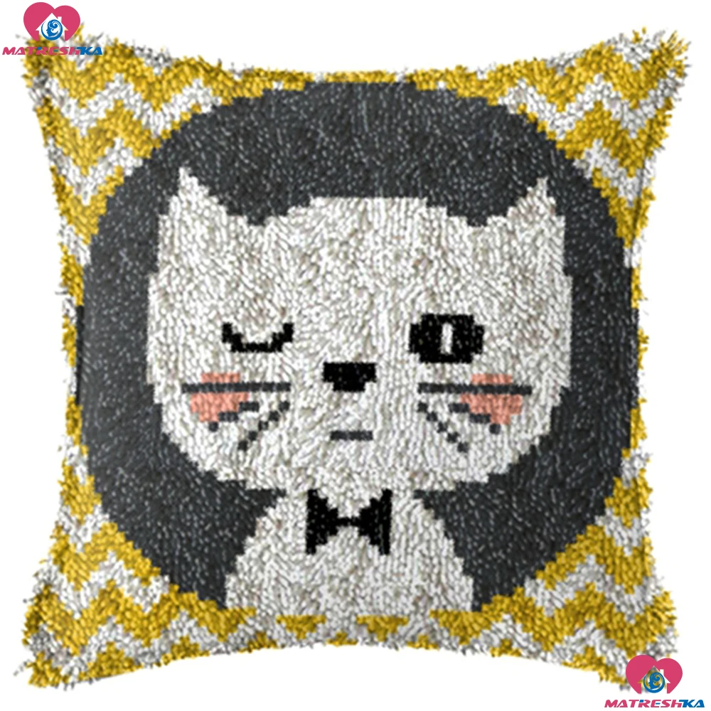 Latch Hook Pillow Kits Pillow Cover Pattern Cat Printed Canvas Cross Stich Hooking Pillowcase Cushion Crafts Embroidery Crochet Home Decor
