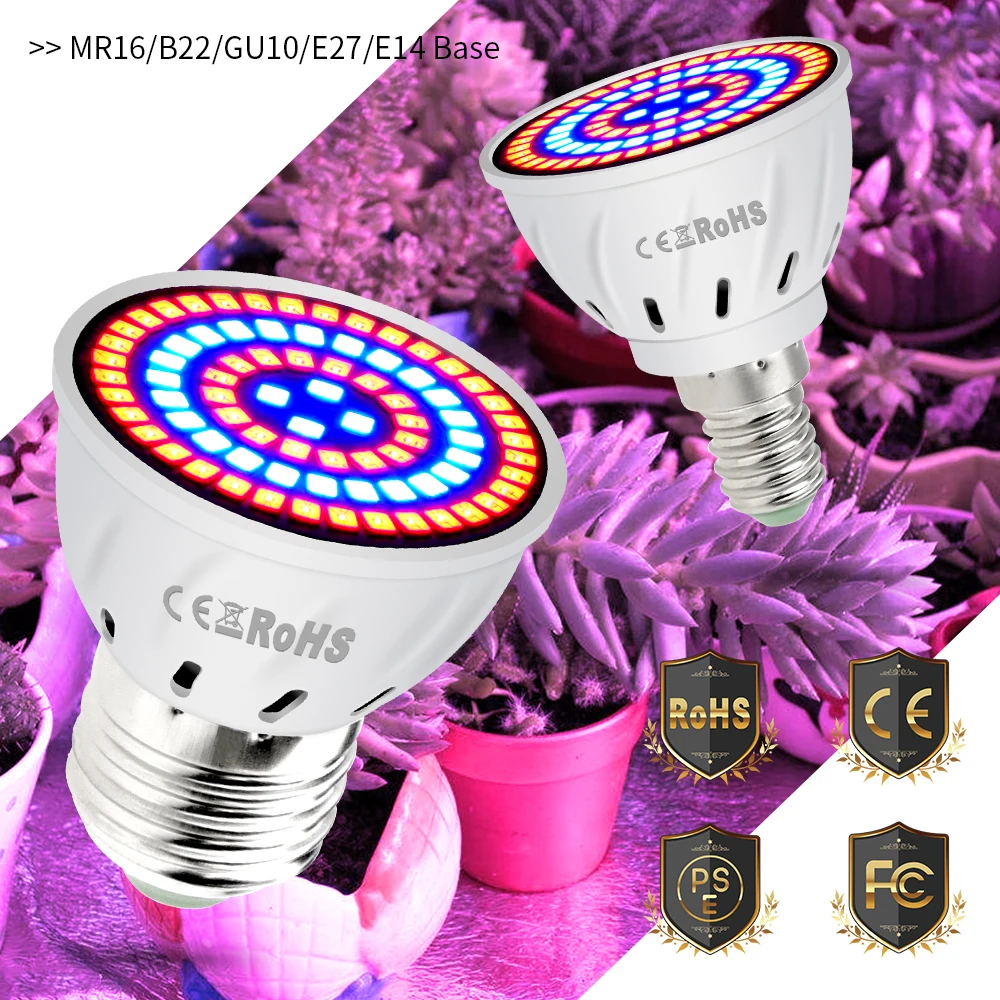 

E27 Full Spectrum GU10 UV IR Led Grow Light E14 Greenhouse Plant Growth Lamp 220V 48 60 80leds B22 2835 Grow tent vegetable MR16