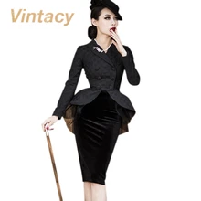 Vintacy 2017 vintage suit jacket black cotton dress autumn women dress mesh patchwork bodycon polka dots women party dresses