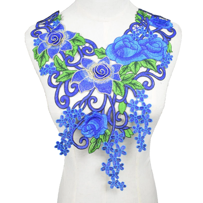 Embroidered Blue Lace Fabric Neckline Collar Applique Embroidery Sewing Patches Sewing Fabric DIY Accessories 1Pc lace fabric,sewing patches,lace sewing supplies,lace sewing accessories,lace accessories,lace garment accessories