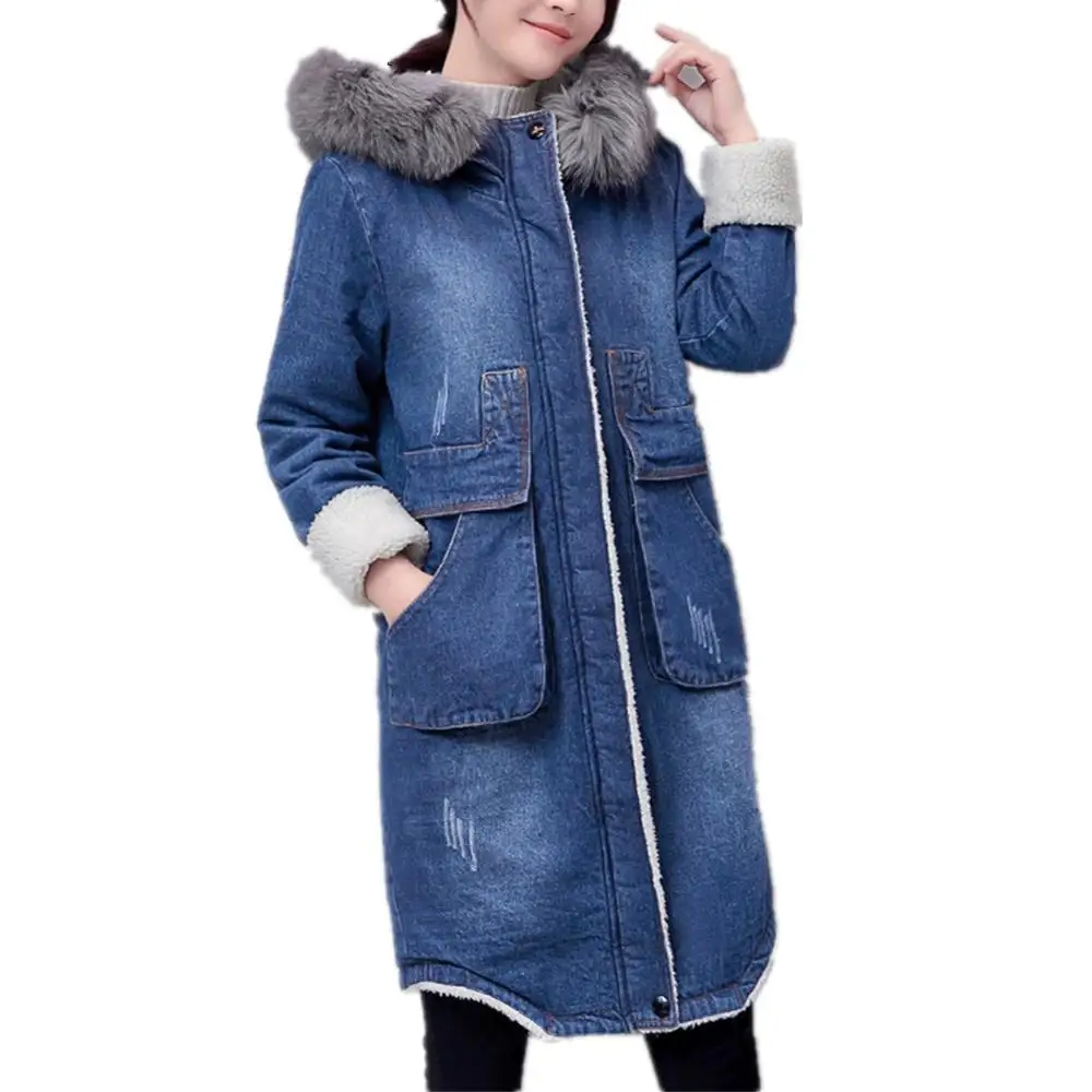 Lisa Colly, новинка, женская зимняя теплая джинсовая куртка, пальто с капюшоном, свободное, повседневное, синее, джинсовое пальто, пальто для девушек, Толстая теплая верхняя одежда - Цвет: Синий