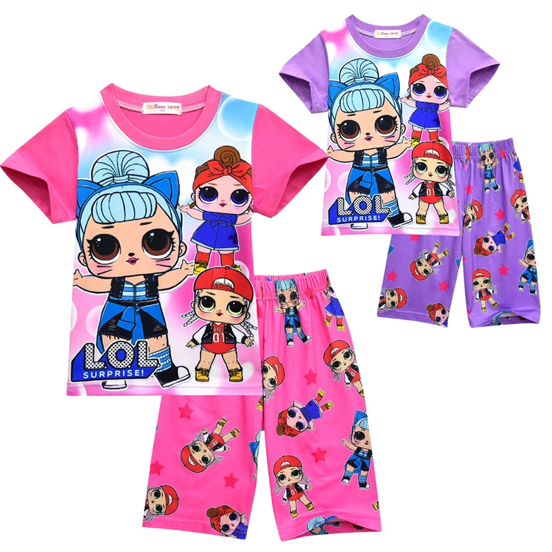 

Toddler Girls Pajamas 2019 Summer LoI Doll Cartoon Sleepwear Children Kids Home Suit Short Sleeve Pjs Sets Loose Nightclothes