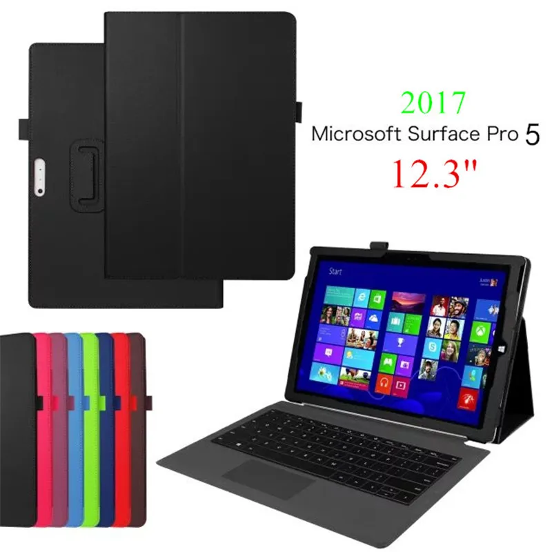

New Surface Pro5 Leather Case Lichee Pattern Flip Cases For Microsoft Windows Surface Pro 5 12.3 inch Tablet Cover Case +Films