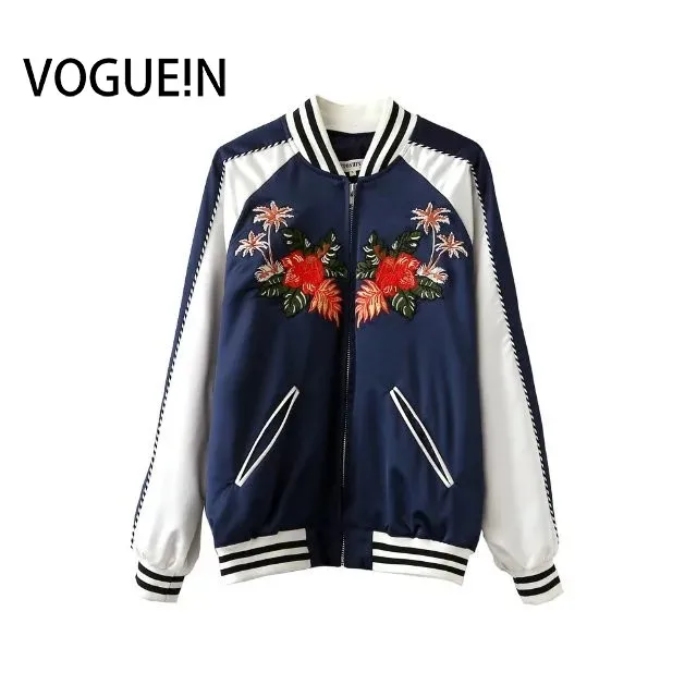 

VOGUE!N New Womens Floral Embroidery Bomber Jacket Pockets Loose Baseball Coat Contrast Sleeve Plus Size