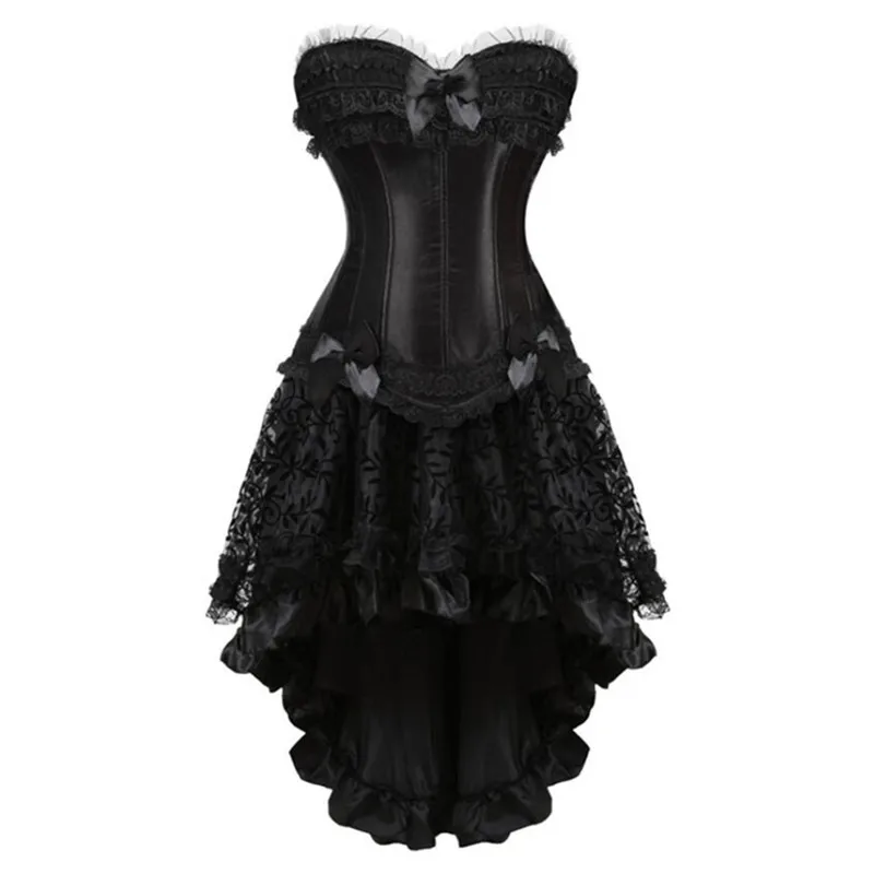 

Sexy Burlesque Overbust Corset Bustier Top With Ruffled Satin & Lace Trim Gothic Skirts Women Vintage Steampunk Corset Dress