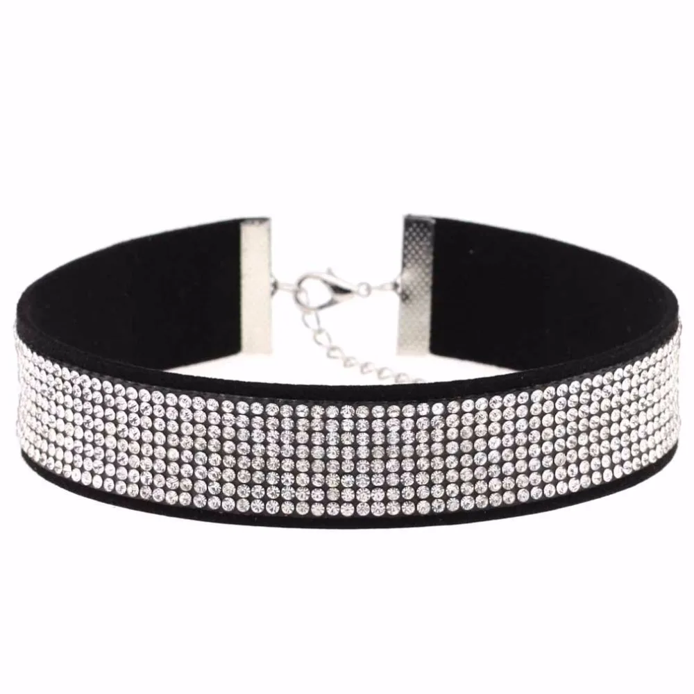 Black Leather Rhinestone Choker Necklace Women Crystal Choker 2016 Statement chocker collar
