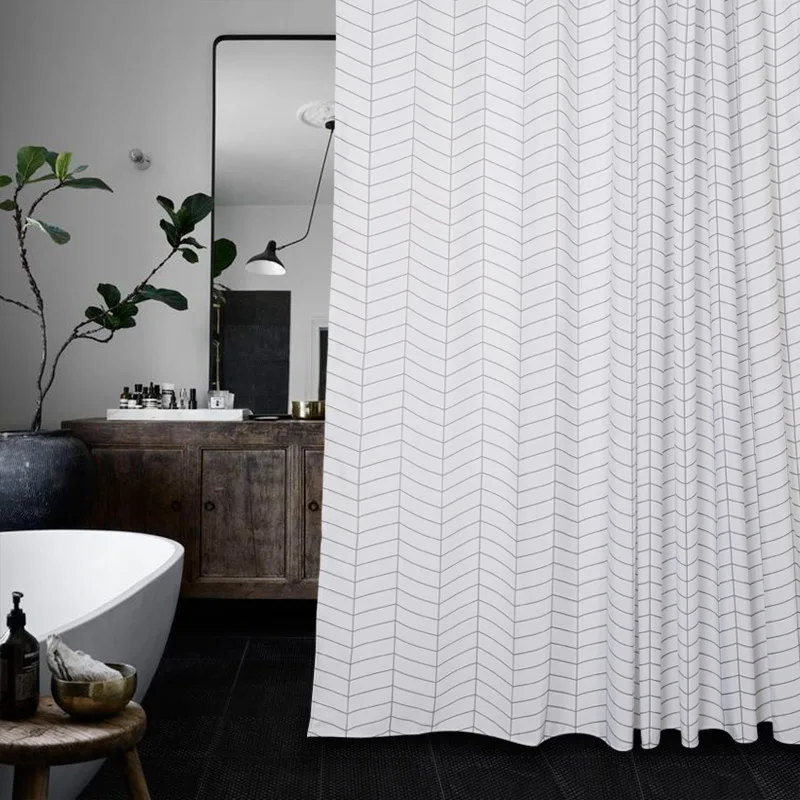 Memory Home Waterproof White Shower Curtain Gray Striped Polyester