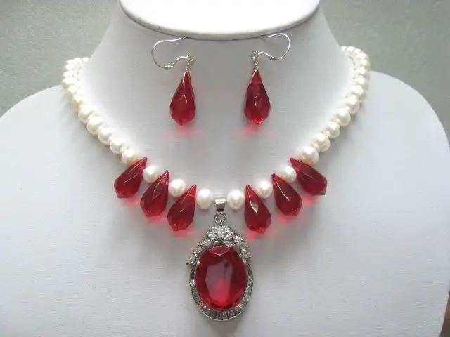 

hot Fast shipping + New 8-10mm White Pearl/Red Crystal Necklace&Dangle Earrings Pendant Jewelry Set (A0516)