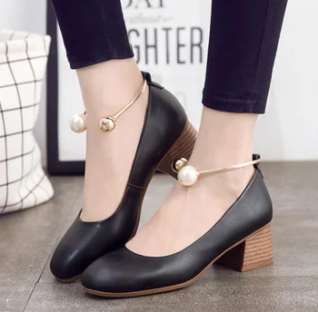 

Elegant Fashion Autumn New Square Head Shallow Mouth Single Shoes Pearl Decorated with Thick with Single Shoes High Heel Shoes
