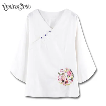 

LycheeGirls Chinese Style Women Blouse Floral Embroidery V Neck Casual Loose Three Quarter Sleeve Shirt Tops F