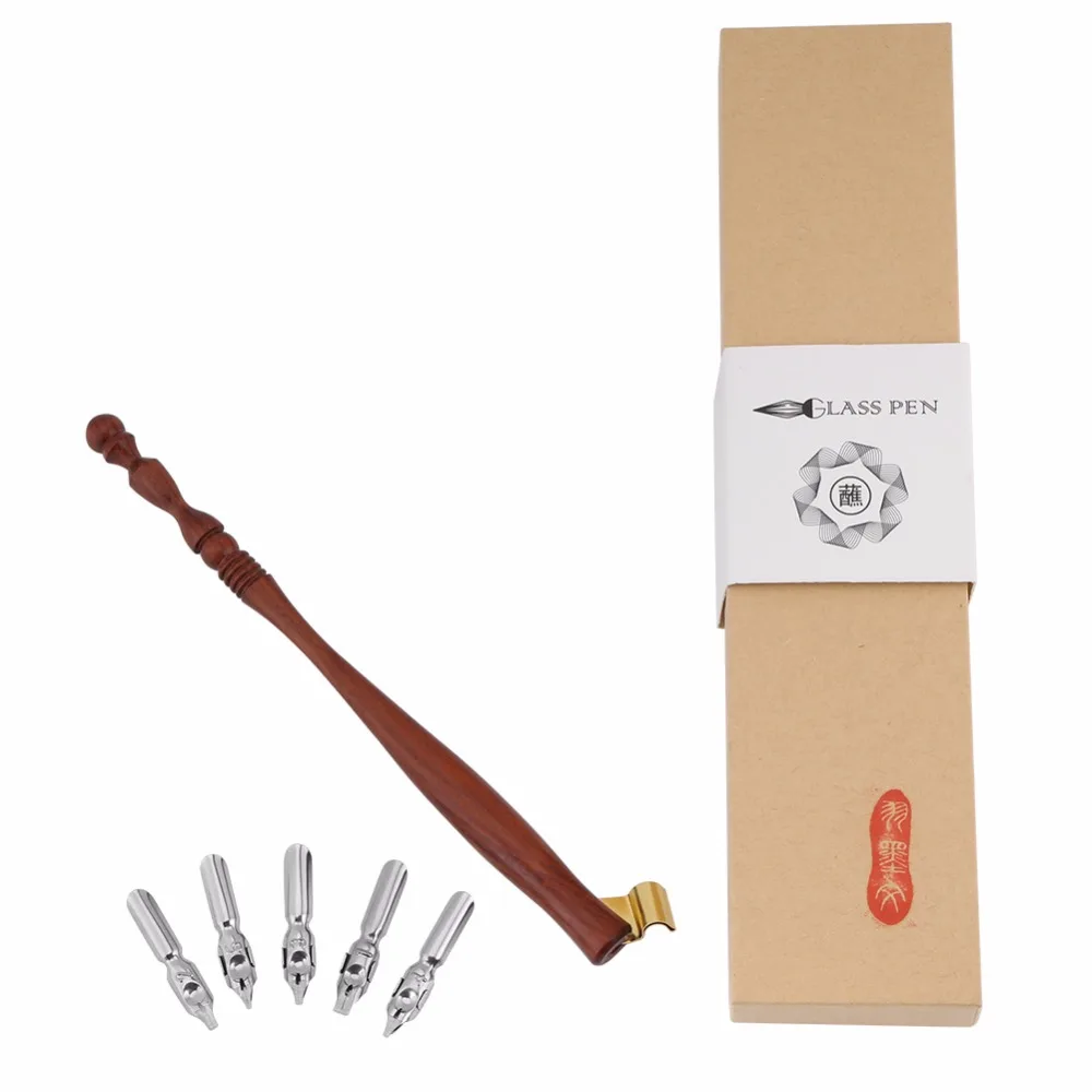 Wooden Dip Fountain Pen Handle Nib Holder + 5 Flat Nibs Kit (1MM 1.2MM