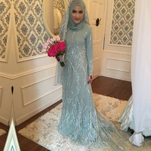 2016 Dubai Arabic Kaftan Crystal Muslim Evening DressNew Arrival Elegent Formal Long Sleeves High neck With Hijab Evening Gowns