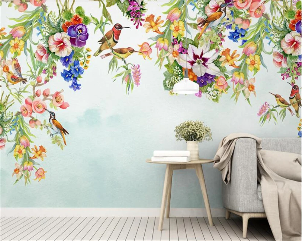 

beibehang High fashion three-dimensional personality indoor wallpaper Nordic hand-painted flowers birds lily background behang