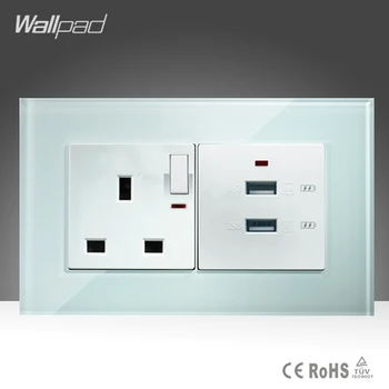 

Double 3.0 USB and 13A UK Switched LED Socket Wallpad 146*86mm BS CE White Crystal Glass UK Socket 2 USB Quicker Charger Socket