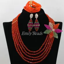 Высококачественные африканские оранжевые бусы, комплекты ювелирных изделий, 5 строк, нигерийское свадебное индийское ожерелье для невесты, комплекты ювелирных изделий,, AIJ655