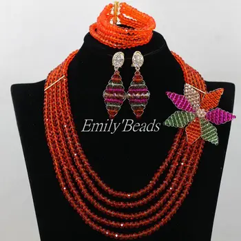 

High Qulity African Orange Beads Jewelry Sets 5 Rows Nigerian Wedding Indian Bridal Necklace Jewelry Sets Free Shipping AIJ655