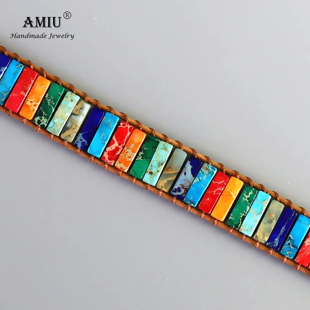 AMIU Handmade 7 Chakra Natural Tube Beads Stone Bracelet Leather Wrap Pierre Naturelle Bangle for Women Men Jewelry Bracelet