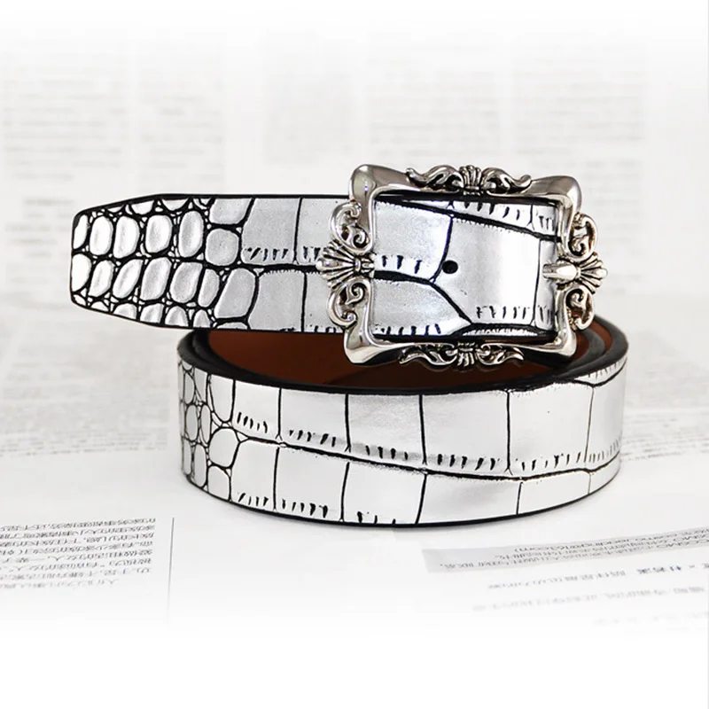 

grain Girls Girdle Gold sliver color New Brand cowhide Genuine Leather belts for women Vintage Pin buckle female belt alligator