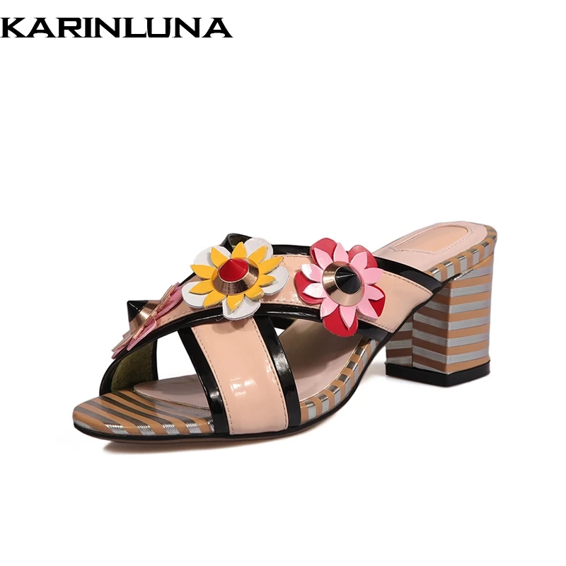 

Karinluna New Fashion Genuine Leather Square High Heels Best Quality Flower Shoes Woman Casual Outside Summer Mules Pumps