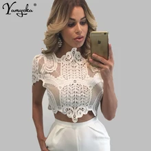 Sexy Black White Lace Summer crop top women Hollow shirts See Through Short cropped tank tops womens bustier Night club clothes embroidered see through tank top
