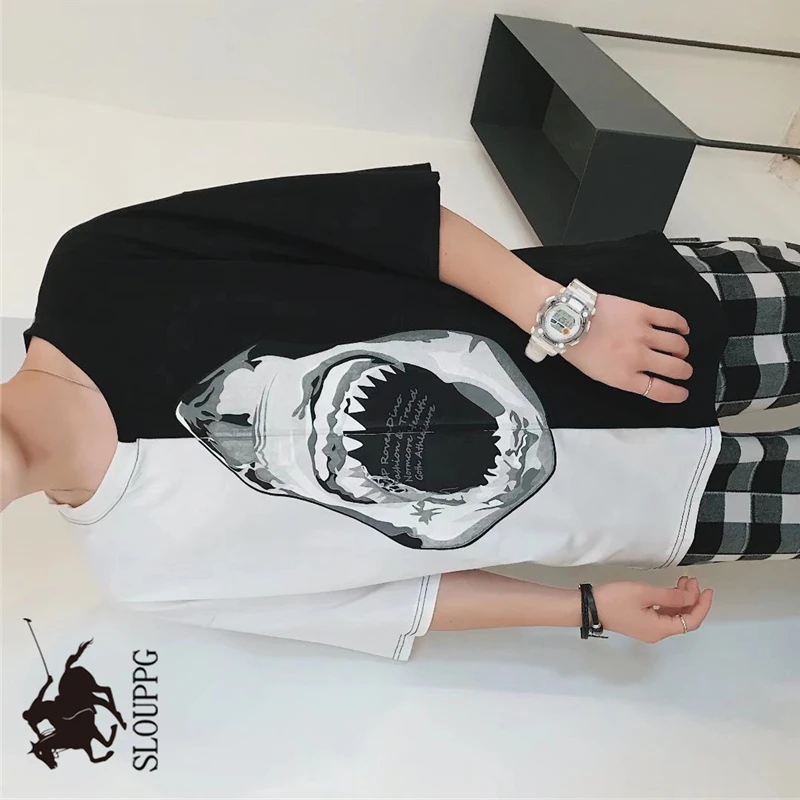 

SLOUPPG Fashion Shark Print Mens Quality Casual Short Sleeve Hipster Tops Tshirt T-shirts Original Whale Design T-shirts Men Hig