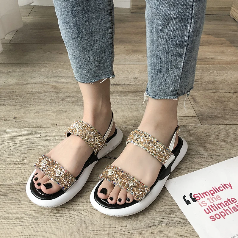 

Women Sandals Shoes Thick Sole Sequined Cloth Flat Platform Beach Sandals Women Gladiator Sandals Ladies Summer Shoes
