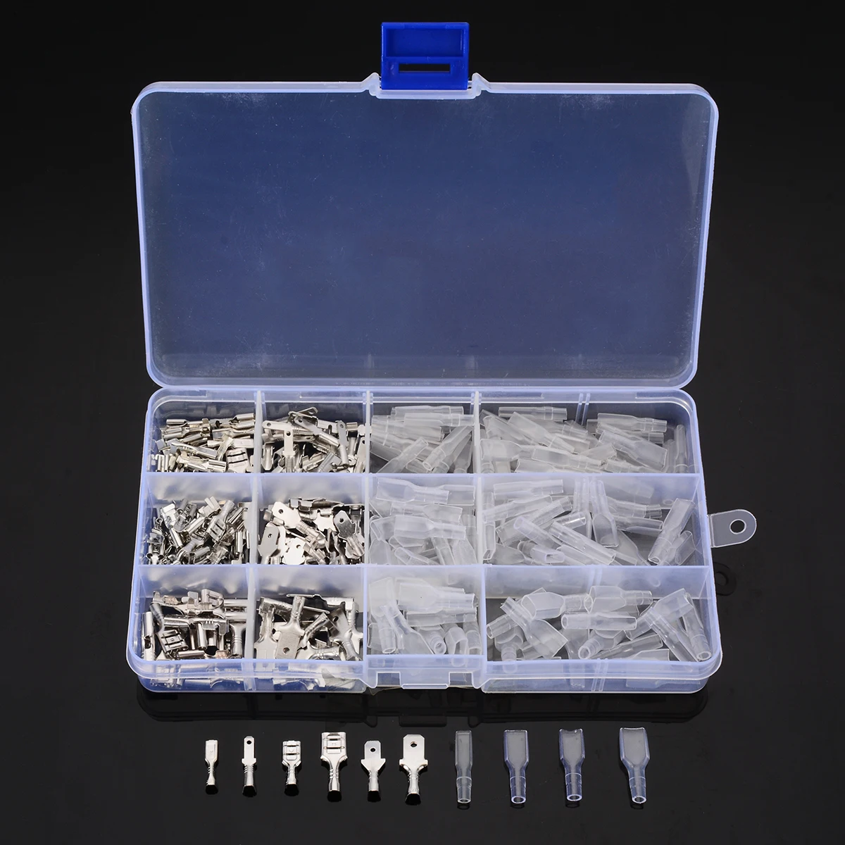

270pcs 2.8mm 4.8mm 6.3mm Male / Female Crimp Spade Terminals With Transparent Insulating Sleeves