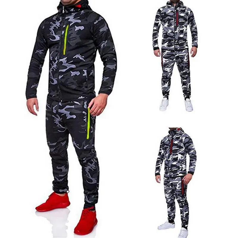 

2019 Fashion Camouflage Print Sweatshirt Jackets Pants Set Plus Size Two piece Men Spring Outerwear Tracksuit Casual Mens Suit