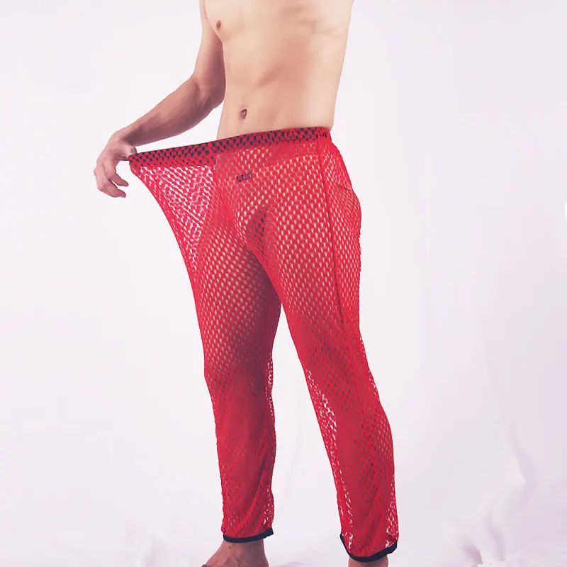 Мужские сексуальные сетчатые штаны для мужчин, длинные штаны, прозрачные дышащие мужские штаны для сна, сексуальная одежда для геев, прозрачные штаны, повседневные - Цвет: Red