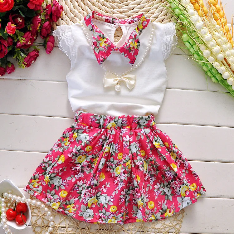 

New Fashion Baby Girls White Vest Clorful Floral Pretty Skirt New Fashion 3 Kinds Clothes Age 3 To 7