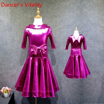 

Children Latin Elastic Half Sleeve Big Hemlines Fishbone Dress Teenager Tango Samba Rumba Performance Costume Clothes Garments