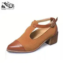 

Women Casual Pumps T Strap Buckle Pumps Cut-out Leather Thick Mid Heels Pointed Toe Vintage Womens Shoes Zapatos De Mujer