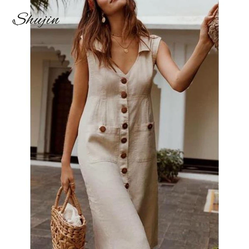 

SHUJIN 2019 Summer Dress Boho Style V-Neck Waist Plus Size Casual Solid Color Sleeveless V Neck Pockets Midi Dress
