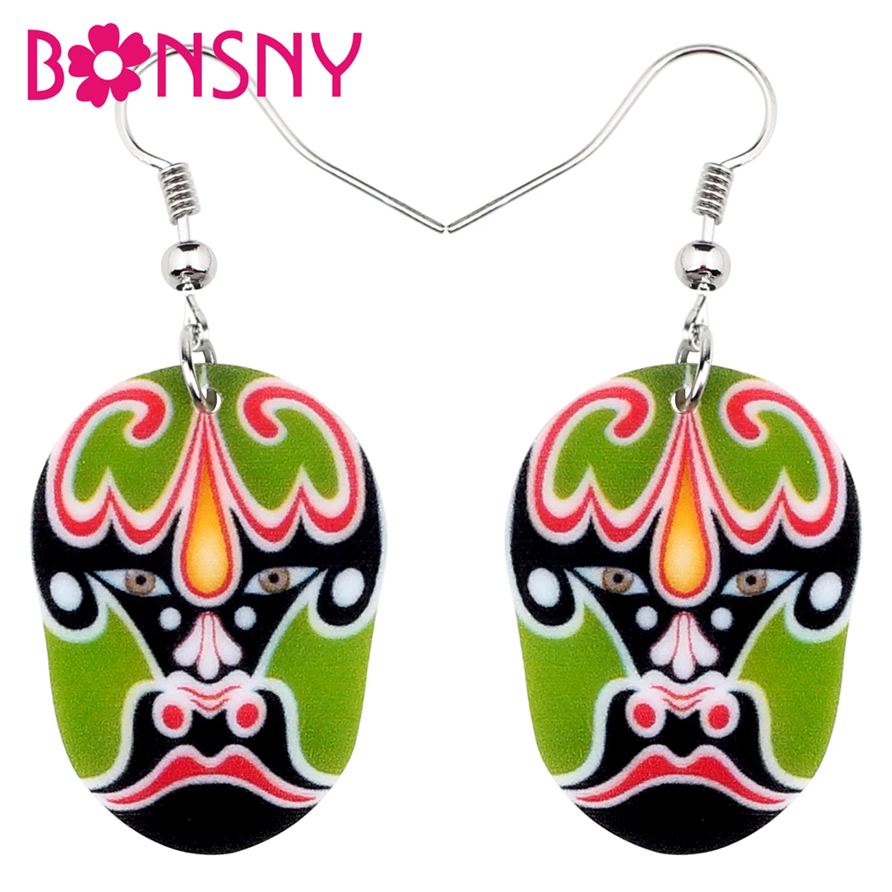 Bonsny Acrylic Floral Chinese Beijing Opera Mask Earrings Drop Dangle Big Novelty Character Jewelry For Women Girls Gift Bijoux | Украшения