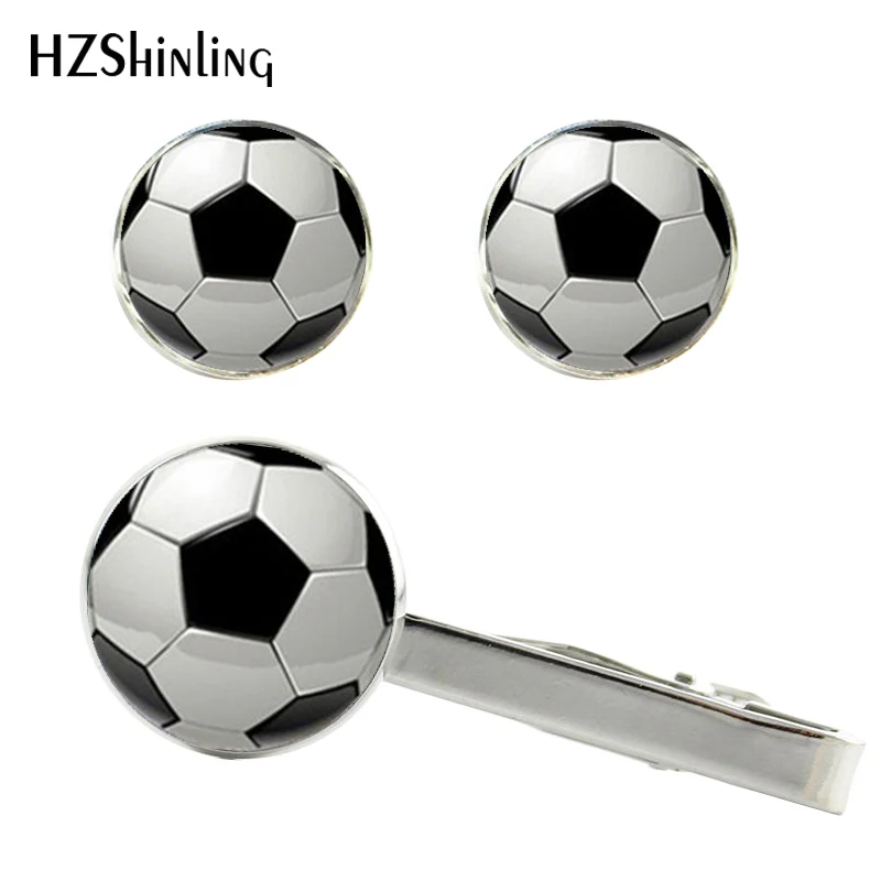 

2017 New Soccer Tie Clip Football Clips and Cufflinks Set Sports Events Cufflink Silver Black Cuffs Glass Jewelry CT-0063
