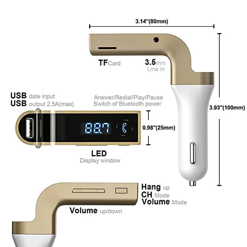 

Original 5V/2.5A Car G7 Bluetooth Car Charger Kit FM Radio LCD Display Wireless Adapter with Hands Free Call TF Card Aux Cable