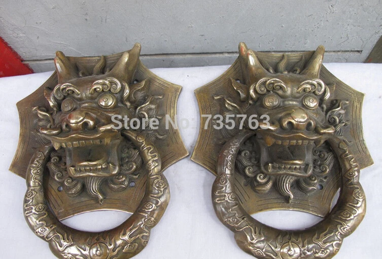 

00625 Chinese Copper Carved Dragon Head Palace Guardian Door Knocker statue Pair