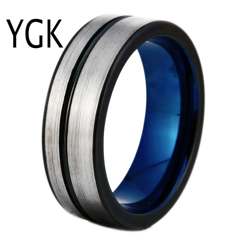 

YGK Brand JEWELRY 8MM Silver Brushed Tungsten Carbide Wedding Band With One Black Stripe and Blue Color Inside Gift Ring