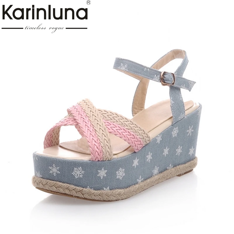 

KarinLuna Good Quality Wholesale Sweet Wedges Heels Women Shoes Summer Sandals Comfortable Denim Woman Shoes