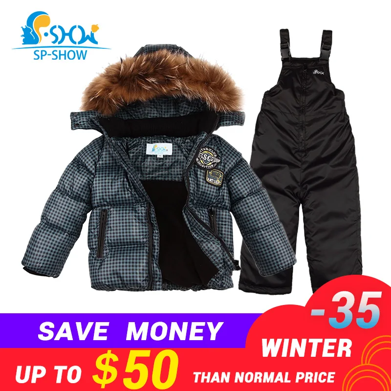 

BUY 1 SUIT GET 1 FREE SCARF -30 degrees SP-SHOW Winter 90% White down suit nature fur hat Thick Warm Fleece Down suit
