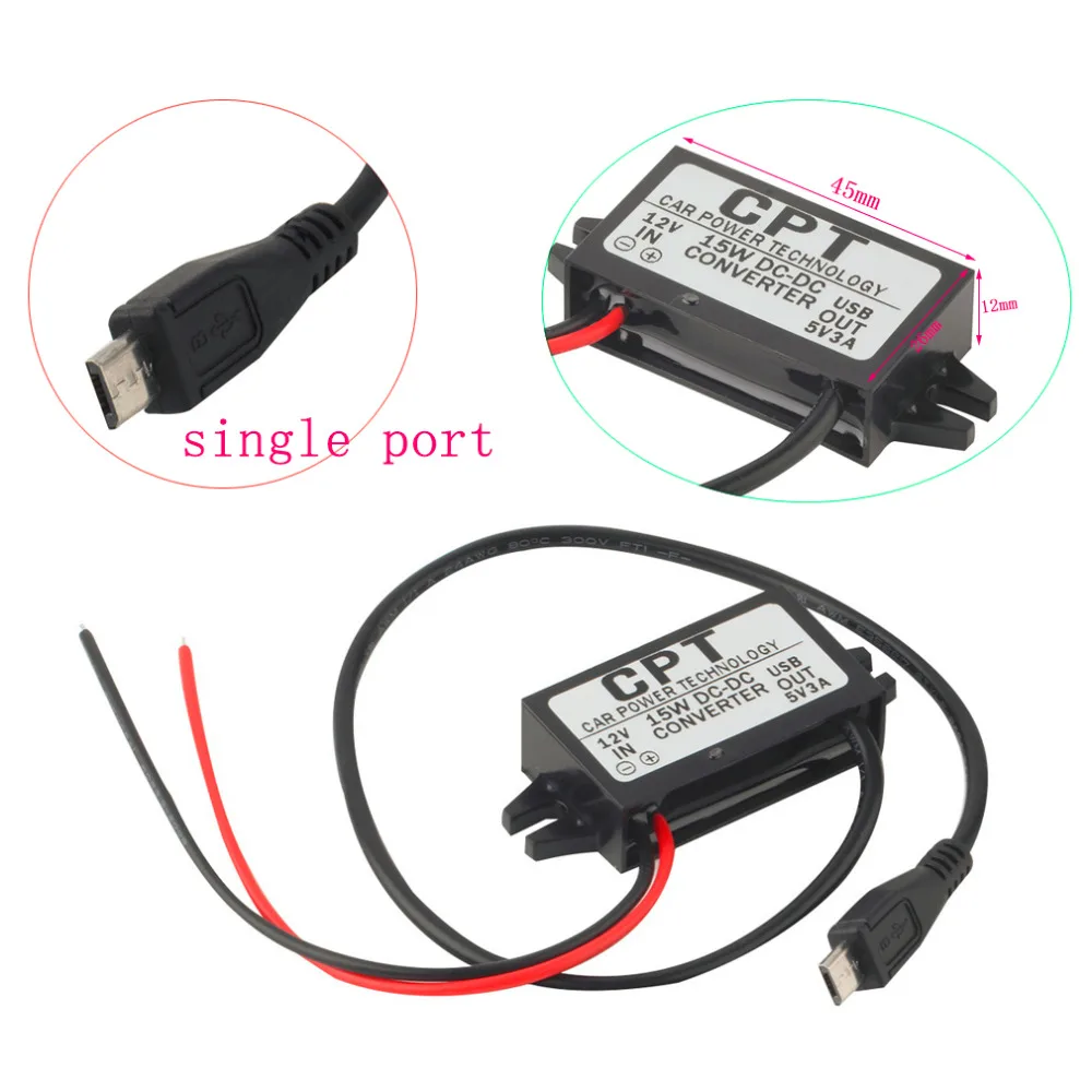 

New Reliable Car Power Technology Charger DC Converter Module Single Port 12V To 5V 3A 15W with Micro USB Cable CPT-UL-6