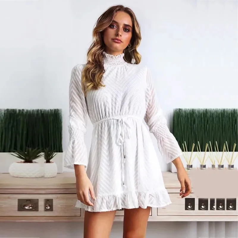 yinlinhe striped white sexy Transparent women dress long sleeve black turtleneck autumn dress slim waist elegant Vestido 1