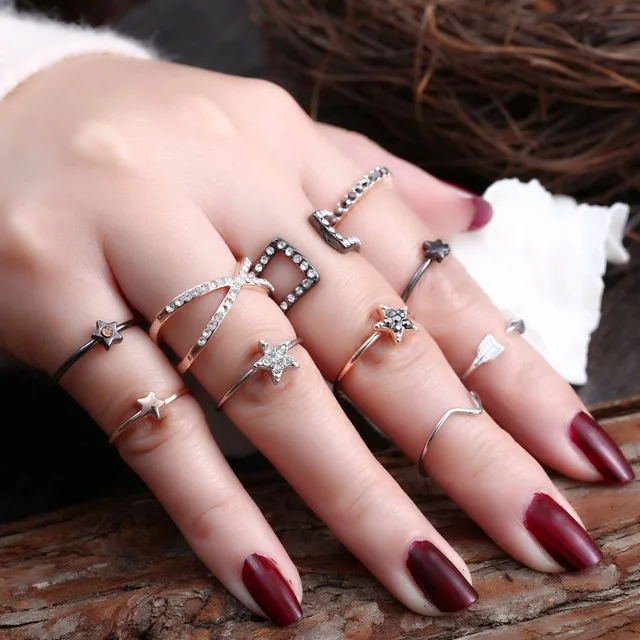 50 стилей Boho Панк для женщин полые треугольные капли воды стрелка солнце драгоценный камень кристалл набор серебряных колец личность девушка ювелирные аксессуары