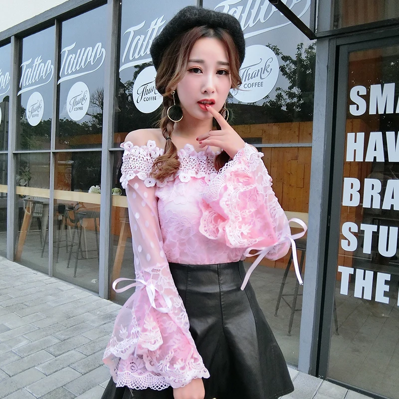 

Women Shirt Autumn Flare Sleeve Floral Lace Blouse Lady Sexy Slim Slash Neck Off Shoulder Mesh Blouses Short Blusas Tops SF928