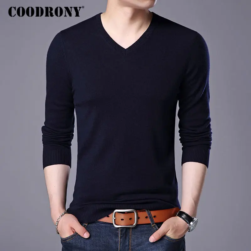 COODRONY, свитер из мериносовой шерсти, мужской, Повседневный, классический, с v-образным вырезом, Pull Homme,, зима, Новое поступление, Мужской пуловер, свитера, разные цвета, 309 - Цвет: Navy