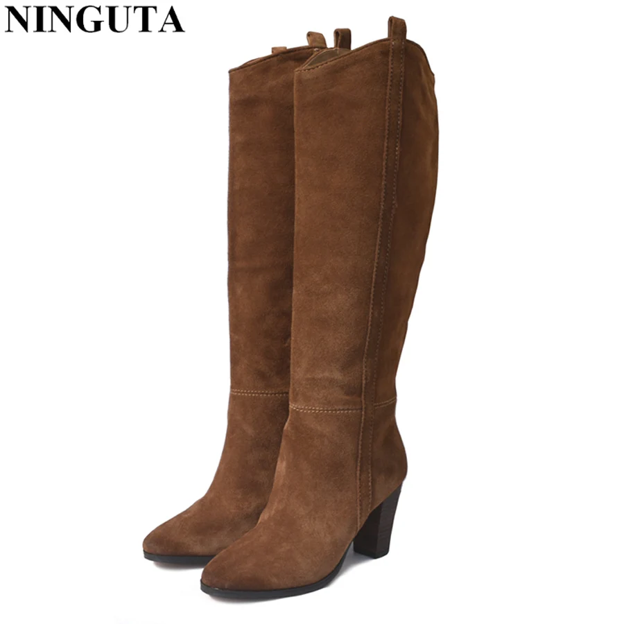 Vente Véritable bottes En daim En Cuir femmes à talons hauts pour automne genou haute bottes dames chaussures femme 36 42